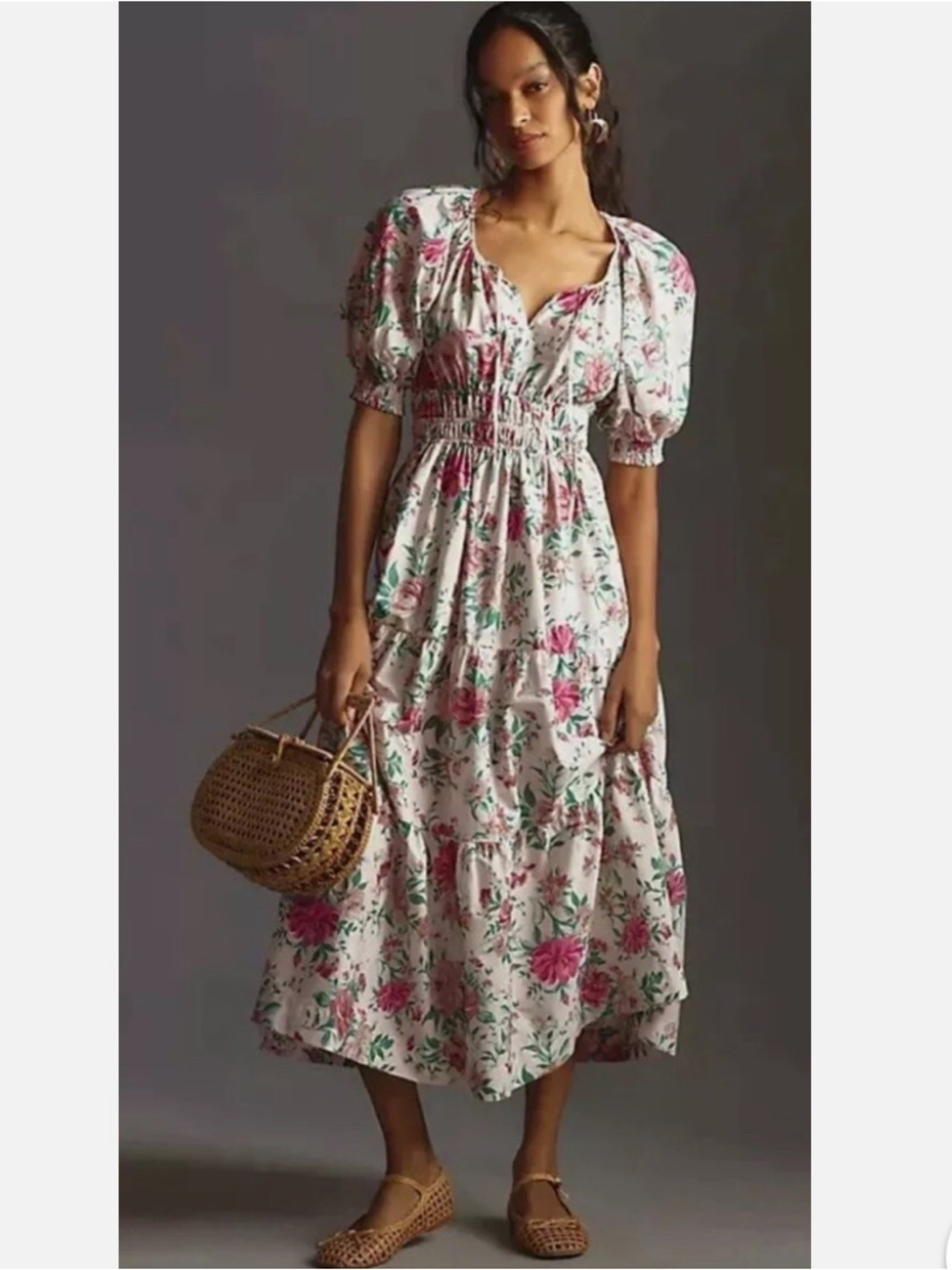Anthropologie Somerset Maxi Dress With Pockets in White And Pink Floral Print